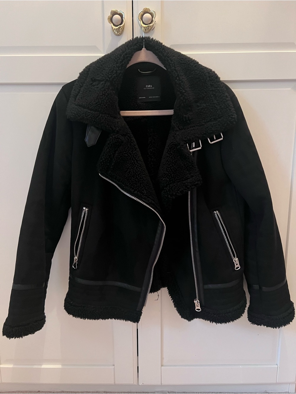 Zara Black Teddy Shearling Moto Jacket